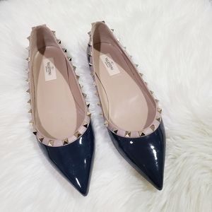 * SOLD * Valentino Garavani Patent Rockstud Ballerina Flats Navy Blue Size 39.5